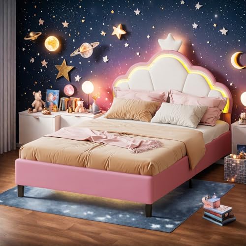 Yeutre - Cama infantil acolchada 90x200 cm, cama princesa en forma de corona con ledes, camas individuales con cabecera ajustable y somier de lechos de color rosa (sin colchón) (rosa, 90x200 cm)