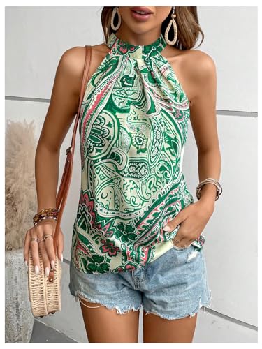 Image of RoseSeek Women's Tropical Paisley Halter Blouse Boho Shirt Vacation Tops | Polka Dots Print, Halter Tops, Summer Tops, Going Out Tops, Beach, Dressy Tops, Boho Blouses