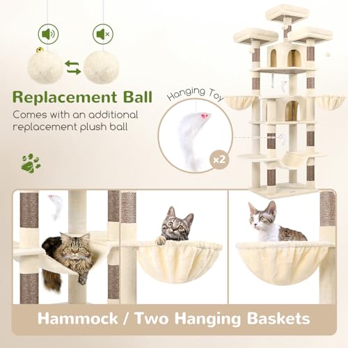 Image of Globlazer Big Cat Tower for Indoor Cats, 80inch Cat Tower for Multiple Adult Cats XXL Cat Tree with Scratching Post, Hammock, 3 Perches, 2 Condos, 2 Hanging Basket, F80, Beige