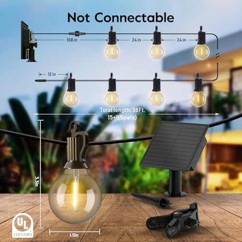 Image of Minetom Solar Outdoor Lights,38FT 15 LED Waterproof Solar String Lights with Remote USB Port and Cable Ties, Commercial Shatterproof G40 LED Bulbs, Hanging Patio Light for Backyard Porch Bistro Decor