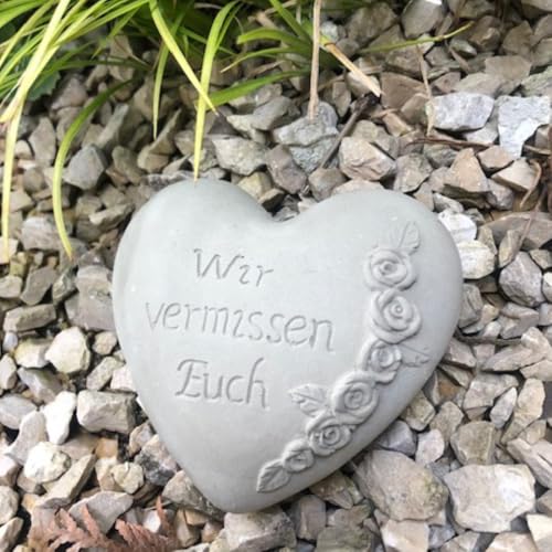 Radami Grabherz Gedenkstein - Wir vermissen Euch - Grabschmuck Grabdeko Trauerherz 10cm, Handarbeit Natur -grau