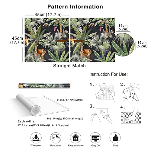 Haokhome 93163 Tropical Wallpaper Peel And Stick Palms Jungle Animal Tiger Black/Green/Brown Stick On Bathroom Decor 17.7In X 118In #TOP6