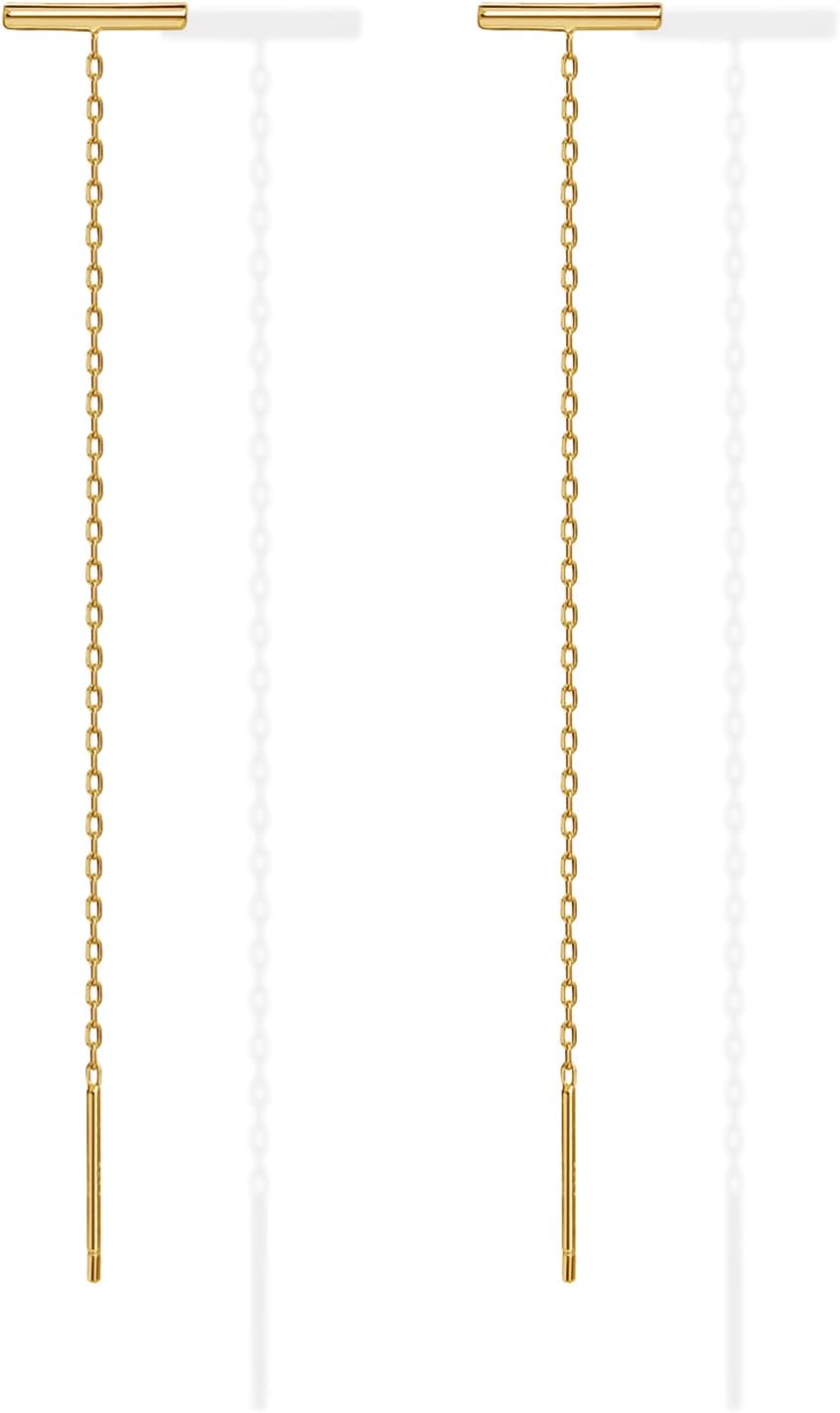 PAVOI 14K Gold Plated 925 Sterling Silver Post Threader Earrings for Women - Minimalist Gold Chain Earrings Double Piercings - Dangle Twist Wavy