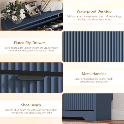 Image of HUANLEGO Shoe Cabinet Storage for Entryway with 4 Flip Drawer, Blue | Fluted Shoe Cabinet with Adjustable Shelves, Hidden Shoe Rack for Entryway, Freestanding Narrow Shoe Organizer for Hallway