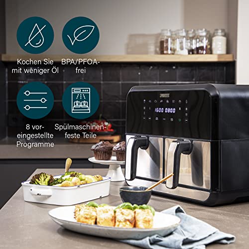 Princess Heißluftfritteuse mit Doppelkammer, 2x4L, 62,2% Energieersparnis, 8 Programme, separate Temperaturen, Fachmaße: 25x15x10 cm, Gesamtmaße: 38.4 x 37.4 x 30.8 cm, 182074 – Bild 6