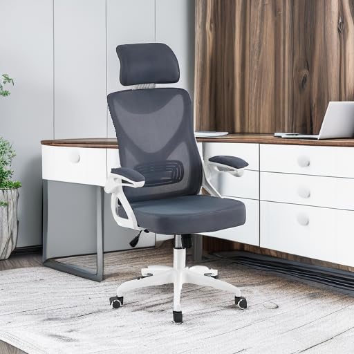 Image of Yaheetech Ergonomic Office Chair with Headrest, Lumbar Support, White /Gray | Breathable mesh high-back adjustable headrest, padded seat, and flip-up armrests supports your back and neck, holds 300lb