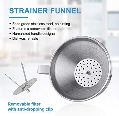Stainless Steel Funnel, Aieve 4 Inch Strainer Funnel with Filter Kitchen Funnel with Removable Strainer and Handle for Transferring Fluid,Liquid,Oil,Powder,and Making Jam(Silver)
