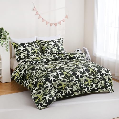 Image of Yibeizi Airplane Comforter Set Boys Full Green Camouflage Bedding