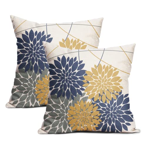 Wofole Navy Blue Pillow Covers 18X18 Inch, Grey Dahlia Flower Print Throw Pillow Covers Outdoor Decor Linen Cushion Case For Home Living Room Sofa Couch Bed, Set Of 2 #TOP2