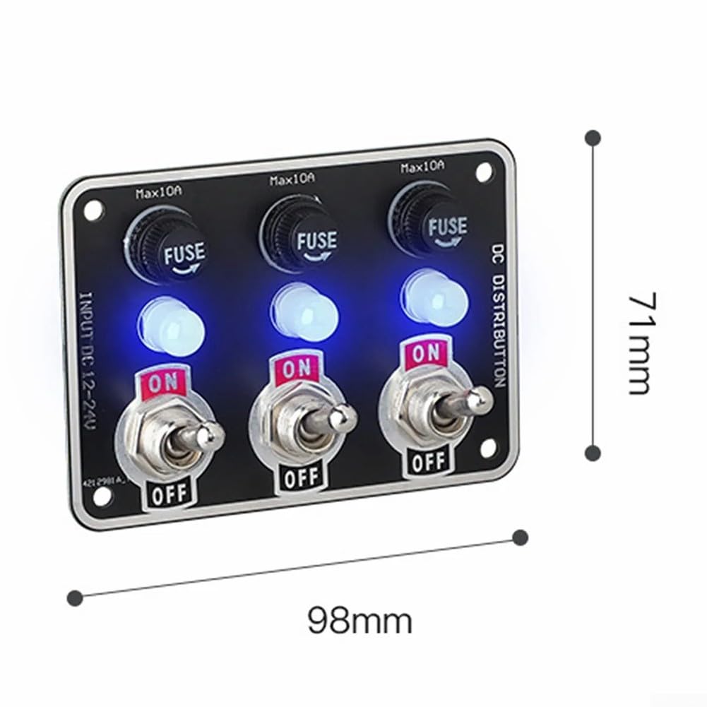Pannello interruttore a bilanciere in metallo a 3 bande con scatola fusibili interruttore a LED per auto e barca, impermeabile IP66, 12-24 V CC, accessorio di controllo facile da usare