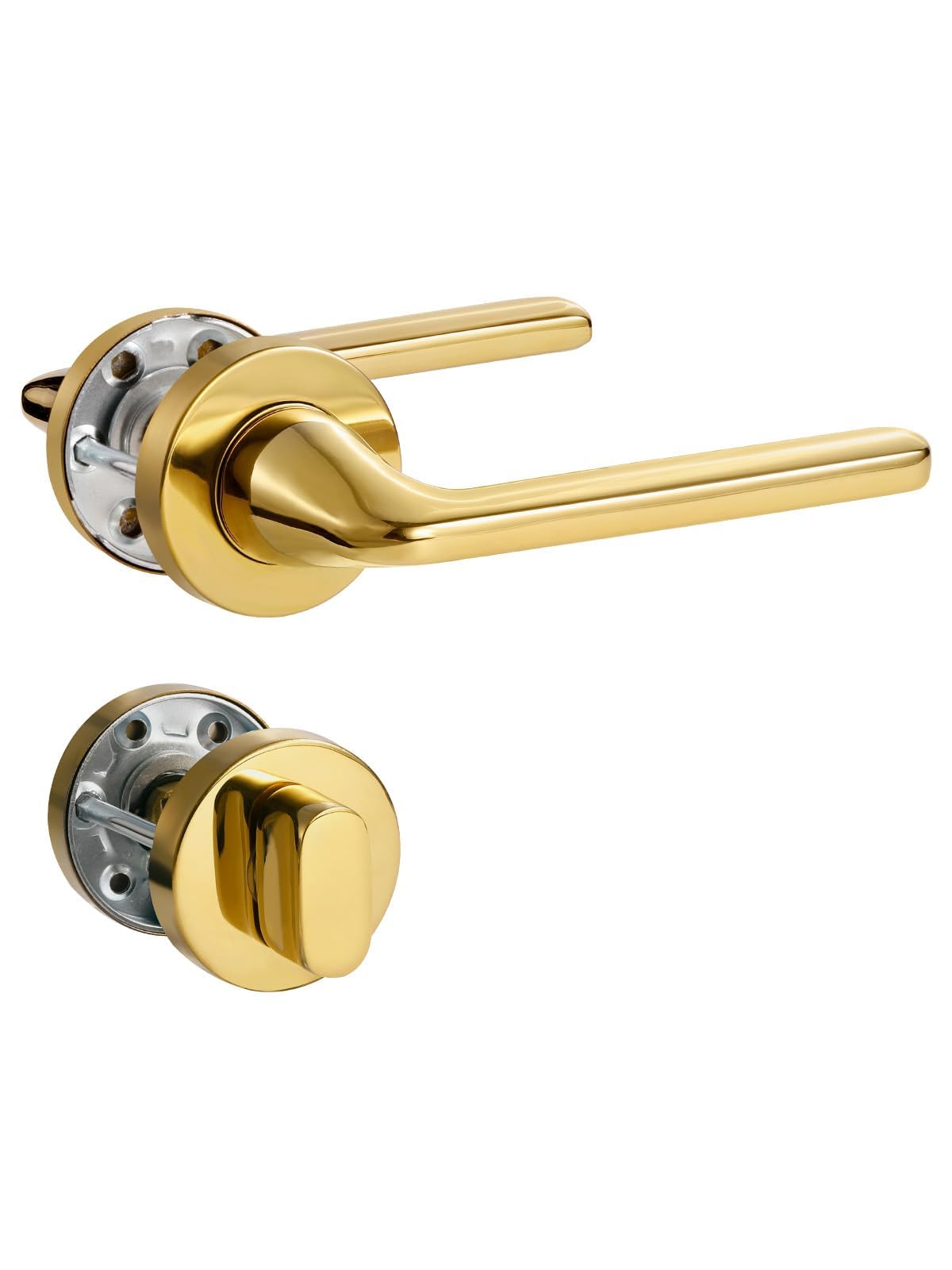 SORWDUERM Maniglia per porta Pvd Gold Set maniglia, acciaio inox opaco, maniglia per porta d'ingresso e porta interna, forma a L, rosetta rotonda, WC