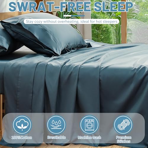 Image of Extra Deep Pocket King Sheets 18-24 Inch 100% Egyptian Cotton 1000 Thread Count Sateen Weave Soft Breathable 4 Pieces(King,Lake Blue)