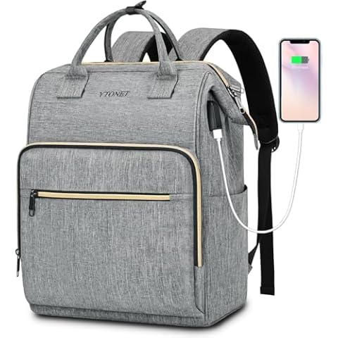 Ytonet Backpack for Women, 15.6 Inch Bookbag for Women Laptop Bookbag, Wide Open Anti-Theft Teacher Backpack College School Work Nurse Bag, Water Resistant Business Computer Bag, Grey Cover