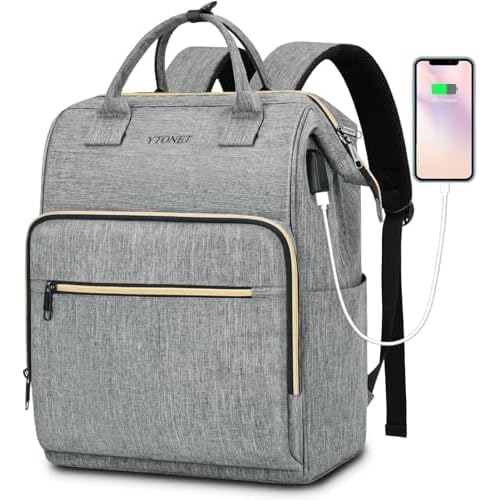 Ytonet Backpack for Women, 15.6 Inch Bookbag for Women Laptop Bookbag, Wide Open Anti-Theft Teacher Backpack College School Work Nurse Bag, Water Resistant Business Computer Bag, Grey