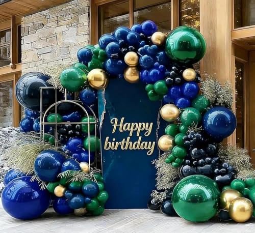 Image of Dark Green Blue Balloon Garland, Double Stuffed Navy Royal Blue Emerald Green Gold Balloon Arch Kit for Birthday Graduation Wedding Anniversary Bear Baby Shower Father's Day Party Decoration