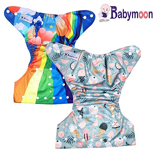 Image of Babymoon (Set of 2) Reusable Cloth Diaper, Premium Adjustable Size Waterproof Washable Pocket Cloth Diaper Nappie (Rainbow & InceCreamFires)