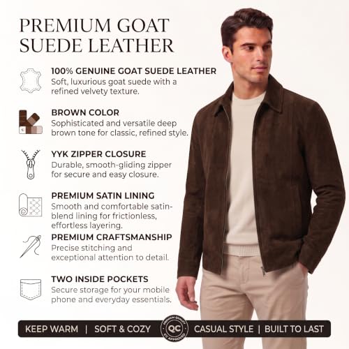 Image of Mens Polo Collar Zipper Suede Shirts Long Sleeve Shacket Suede Trucker Jacket Real Suede Leather Shirt