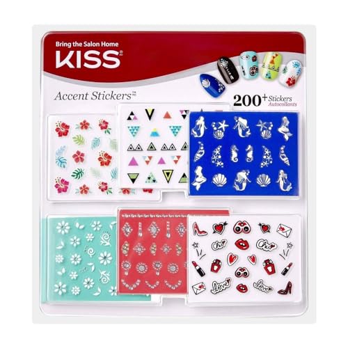 KISS Nail Artist 3-D Accent Stickers Variety Pack, 200+ Nail Decals, Nail Charms for Acrylic Nails, 6 Nail Sticker Sheets Including Floral, Aquatic, Emoji, Jeweled Nail Accents for Tips & Toes