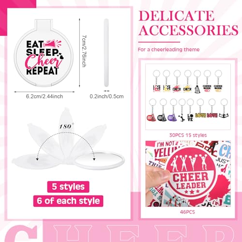 121 Pcs Cheerleader Gifts Kit 30 Zipper Portable Cheer Makeup Bag 30 Keychain Wristband Mirror 1 Bag Waterproof Cheer Stickers for Women Girls Cheerleader Teammates4