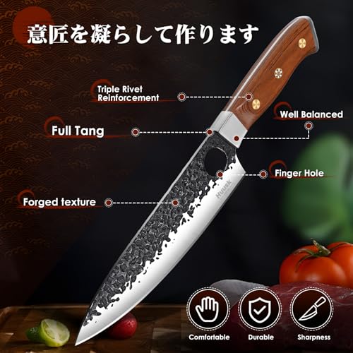 Image of Huusk Butcher Knives for Meat, Hand Forged Carbon Steel Viking Kitchen Knife Set with Roll Bag, Meat Cleaver Chef Knife Sets for Cooking Camping BBQ, Gift for Men Husband