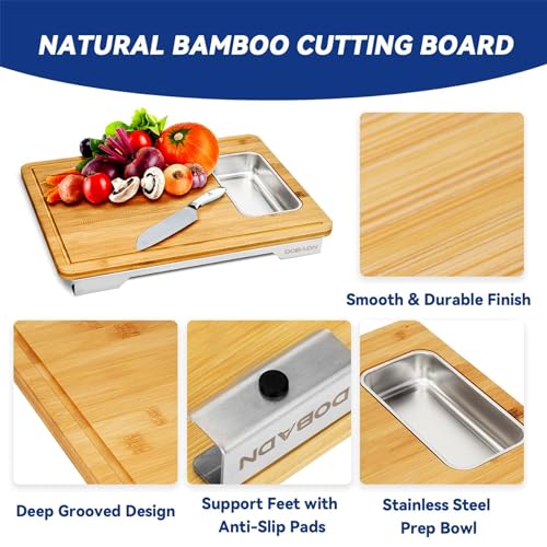 Tabla de Cortar de Bambú para Cocina, Preparación de Comidas y Servir – Tabla de Picar de Madera para Quesos y Embutidos con Recipiente de Acero Inoxidable, Ranuras para Jugos y Patas Antideslizantes, 41,9 x 31,8 x 5,1 cm miniatura 3