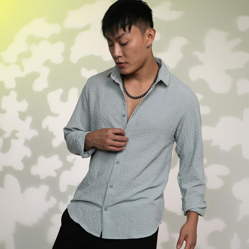 Image of CAHOOT Men's Veined-Textured Shirt | Casual Wear | Spread Collar | Long Sleeve | Button Closure | Shirt Crafted with Comfort Fit for Everyday Wear