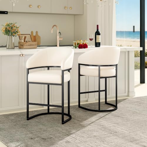 Butacos Modernos de Altura para Barra, Juego de 2, Tapizados en Cuero Sintético Beige Blanco con Estructura de Metal Negro, Altura de Asiento 26 pulgadas, Soportan 480 lb miniatura 1
