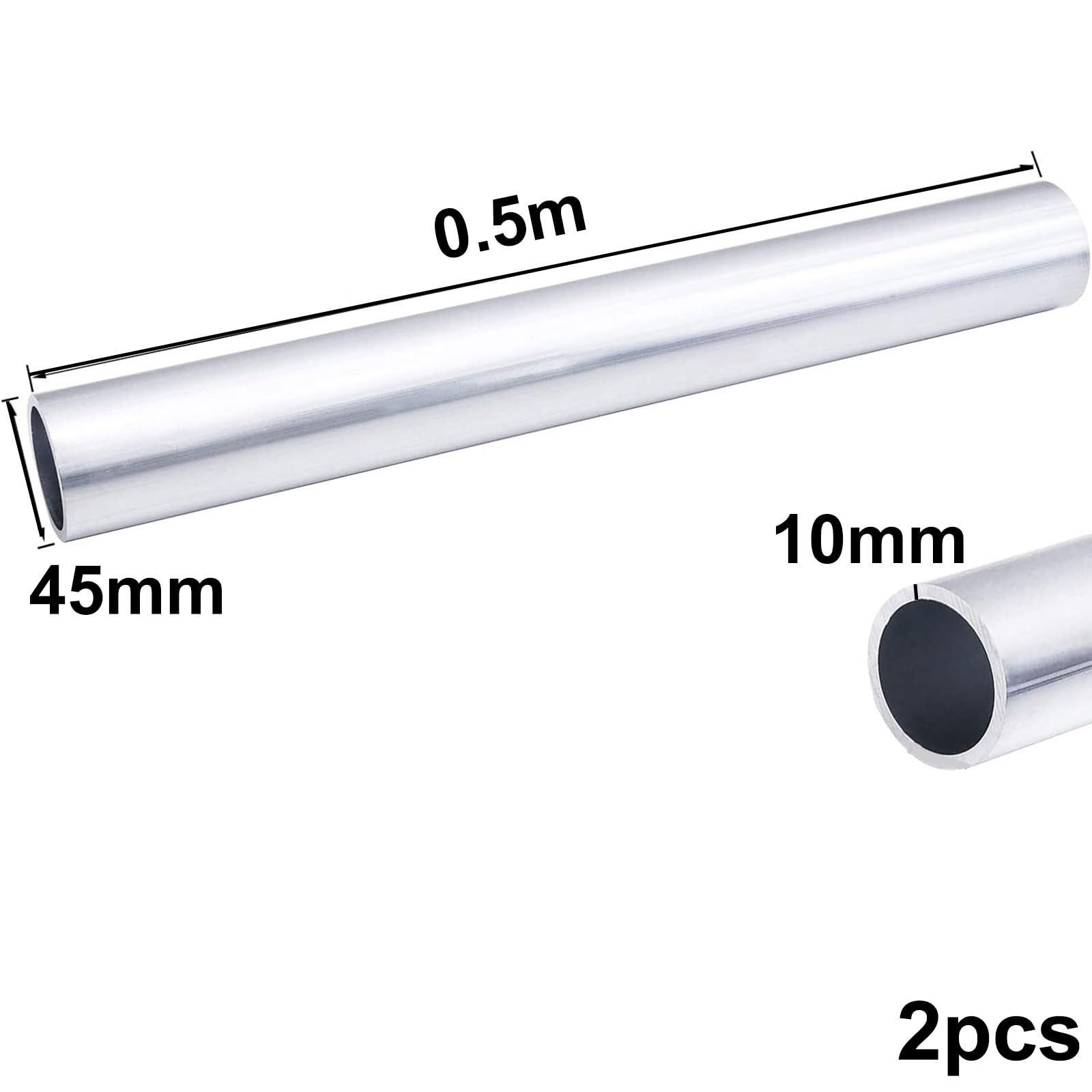 COYOUCO Aluminum Tube, 6063 Aluminum Round Tube,45Mm OD,2-13Mm Wall,500Mm Length,for DIY, Industry, Decoration,2Pcs,10mm