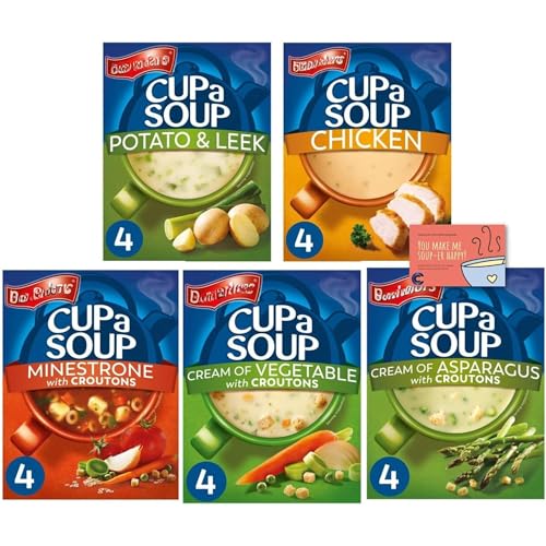 Batchelors Cup a Soup Variety Pack - Potato & Leek, Chicken, Minestrone, Cream of Vegetable, Cream of Asparagus - 20 Servings, 5 Flavors, Total 521g