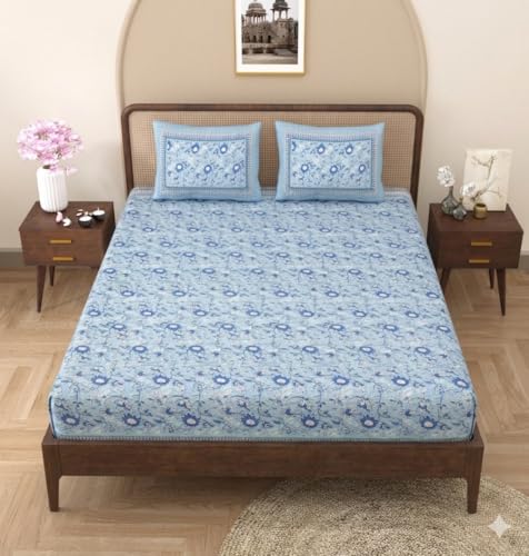 Image of RajasthaniKart Pure Cotton 240 TC Printed Double /King Bed Elastic Fitted Bedsheet with 2 Pillow Covers - All Around Elastic | 72 inchx78 inch|72 inchx72 inch|Fits Up to 8 inch Mattress|107