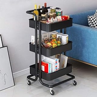 Storage Trolley Cart,3-Tier Storage Cart,Multi-Purpose Trolley Organizer Cart with Casters,Rolling Cart Metal Utility Cart,Organizer Trolley on wheels for Bathroom,kitchen, Bedroom Storage (Black)