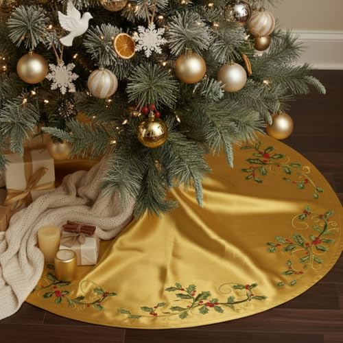 48 Inch Deluxe Satin Christmas Tree Skirt Gold Embroidered Holly Leaf Luxury Silk Skirts with Foam Padding Ribbon Bow Bright Silk Smooth Tree Skirt for Home Xmas Holiday Decorations(Gold) by Soulchen - Image 4