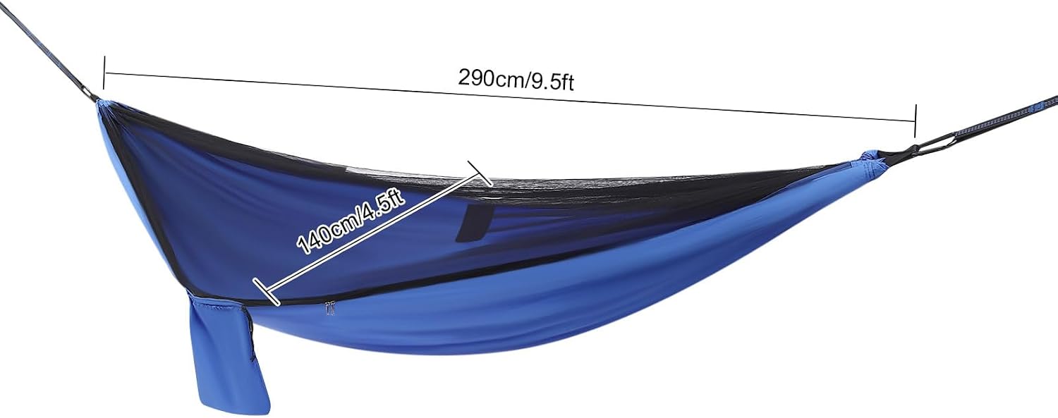 Camping Hammock with Net Tent and Rain Fly Tarp, 2 in 1 Portable Tree Hammock Outdoor, Tree Strap Hammock Set for Camping, Traveling, Hiking, Built-in Pocket, Load Max 440.9 lbs (Blue)