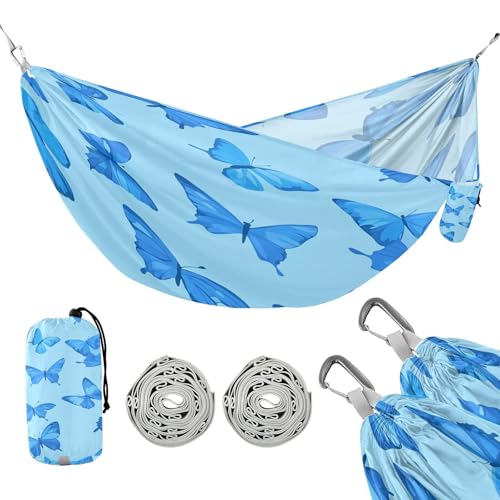 ATTX Blue Butterflies Camping Hammock - Lightweight & Portable Hammocks, Heavy Duty 330lbs Capacity for Indoor, Hiking, Backpacking, Travel, Backyard, Beach#545