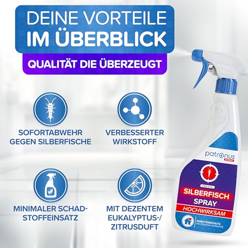 Patronus Silberfisch-Spray mit Sofortwirkung 500 ml - effektives Abwehr-Mittel gegen Silberfische & Papierfische - hochwirksame Alternative zu Silberfisch-Köderdose & Falle, mit dezentem Zitrusduft