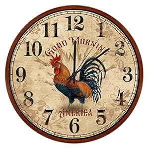 UFunhome 10-Inch Retro Wall Clock, Round Silent Non Ticking Battery Operated Clock Wood for Loft/Living Room/Classroom Decoration, Vintage Style French Country Rustic Barn Rooster UFunhome 10 Inch Retro Wall Clock Round Silent Non Ticking Battery Operated Clock Wood for LoftLiving RoomClassroom Decoration Vintage Style French Country Rustic Barn Rooster