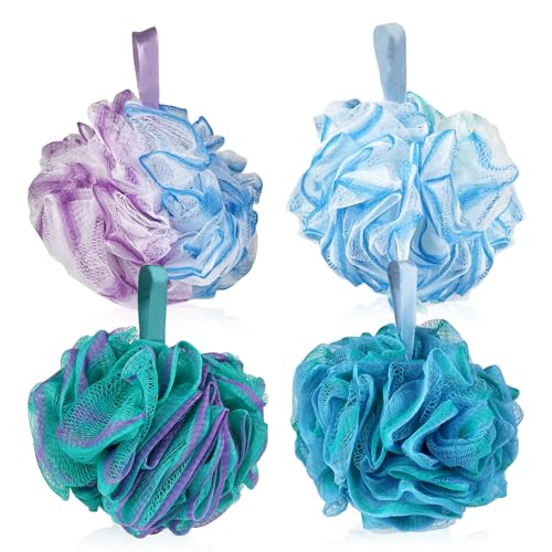 VELLUSTRA 4 Piezas Esponja de Ducha de Baño, 75g, Loofah Exfoliante de Malla Lufa para Hombres y Mujere, Limpiar y Suavizar la Pielzuih Suave Accesorio, para Exfoliar Corporal, Ducha, Lufas
