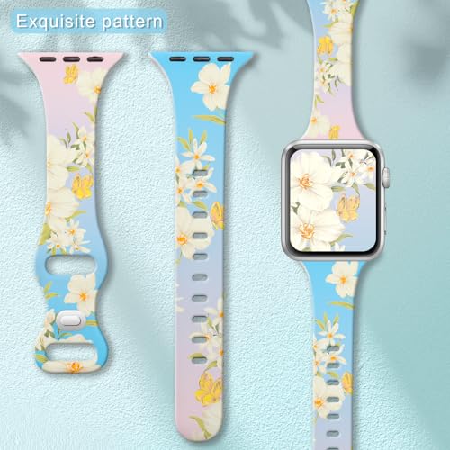 Image of Sport Band Floral Printed Compatible with Apple Watch Bands 49mm 46mm 45mm 44mm 42mm 41mm 40mm 38mm Women, Silicone Flower Printed Fadeless Pattern Design Strap for iWatch Series10 9 8 7 6 5 4 3 2 1SE