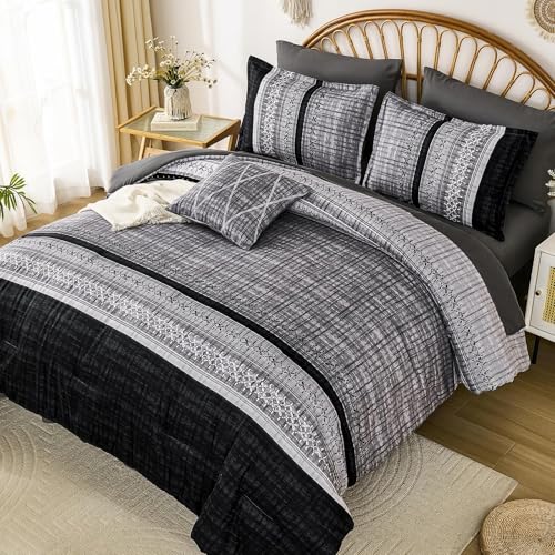 Image of Dintszyayue Black Comforter Set Full Size, 8 Pieces Boho Striped Bed in a Bag Soft Microfiber Bedding Set for All Season