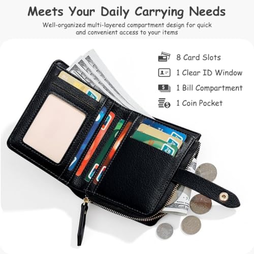 Minimalist Genuine Leather Bifold Wallet for Women with Efficient Card Organization System and Coin Pocket (Black)3