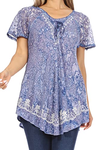 Image of Sakkas Ash Speckled Tiedye Embroidered Cap Sleeve Blouse Top with Embroidery Hems