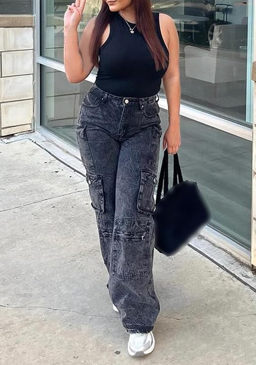 LKOUS Women's Y2K Baggy Straight Wide Leg Cargo Jeans, Streetwear High Waisted Denim Pant3