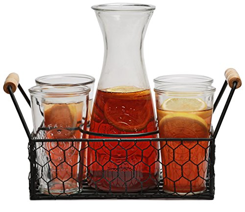 Circleware Ranch Rooster 8-Piece Glassware Entertaining Set, Tumbler Drinking Glasses, BeveragePitcher Carafe and Metal Caddy Holder, 6-16 oz Cups, 1-32 oz Milk Water Bottle, Farmhouse Decor