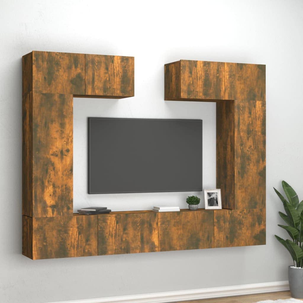 6-TLG. TV-Schrank-Set Räuchereiche Holzwerkstoff, Wandmontage, Modernes Media-Center mit Stauraum, für Wohnzimmer, Schlafzimmer
