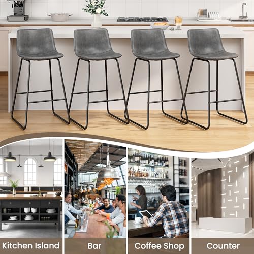 Image of REONEY Bar Stools Set of 2, 26 inch PU Leather Counter Height Barstool, Grey
