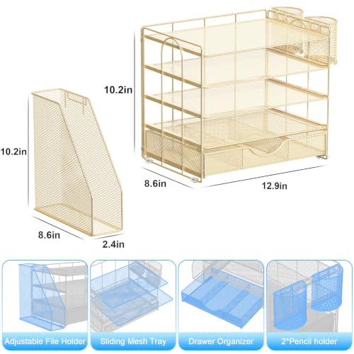 Image of gianotter 5-Tier Desk Organizer with Drawers and File Holders | Letter Trays and Pen Holders - Workspace Accessories for Office Supplies (Gold)