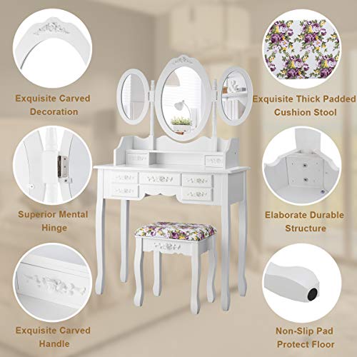 Charmaid Vanity Set With Tri-Folding Mirror And Cushioned Stool, Dressing Table With 7 Drawers And A Shelf, Antique Makeup Table With Removable Top thumb #5