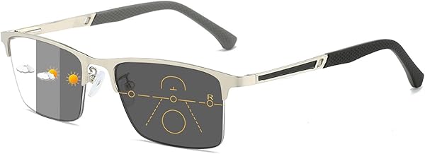 Lanomi Self-tinting progressive glasses half frame men women blue light filter metal rectangle progressive multi-focal reading glasses with photochrome grey lens