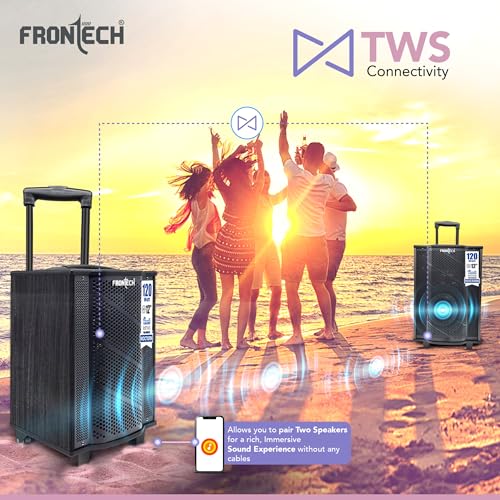 Image of FRONTECH Nocturn Trolley Speaker | 120W Powerful Sound | Dual Wireless Microphones | USB /TF /Bluetooth /FM | Guitar & MIC Input | Rechargeable Battery (SW-0210, Black)