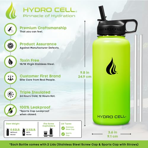 Image of HYDRO CELL Stainless Steel Insulated Water Bottle with Straw - For Cold & Hot Drinks - Metal Vacuum Flask with Screw Cap and Modern Leakproof Sport Thermos for Adults (Neon 32oz)